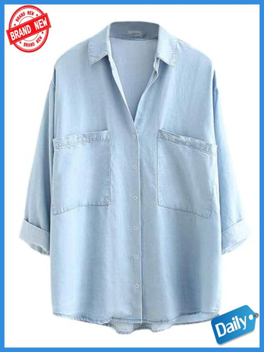 Womens Denim Tencel Button Down Shirt 3/4 Sleeve Oversized Snap